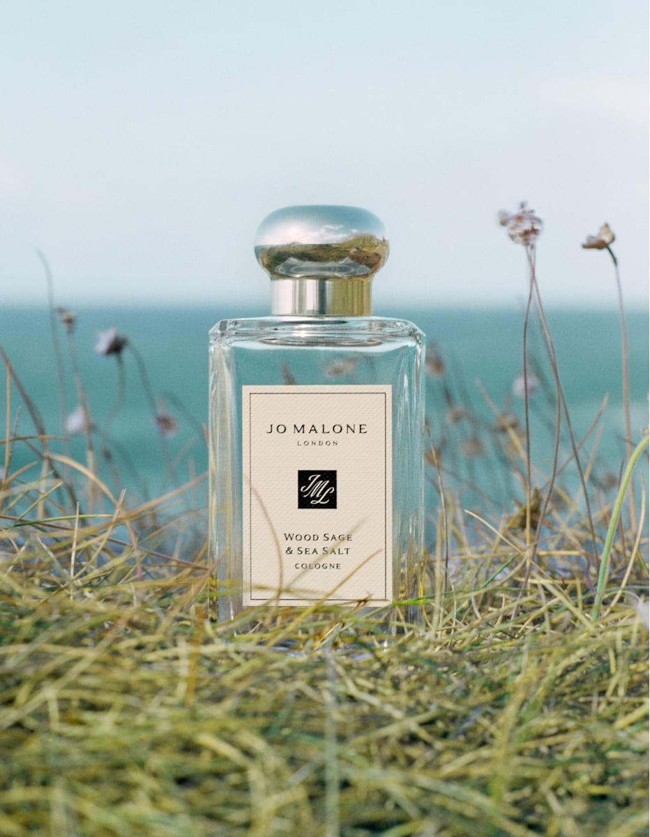 Jo Malone London Wood Sage & Sea Salt cologne nestled in wild coastal grass with ocean behind.